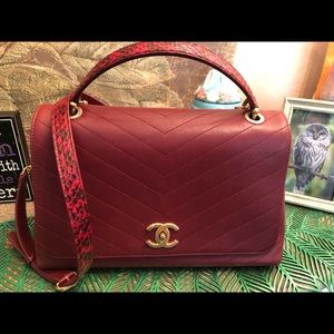 Auth Red Chanel Medium Chic Top Handle Flap Grained Calfskin Stitched Chevron